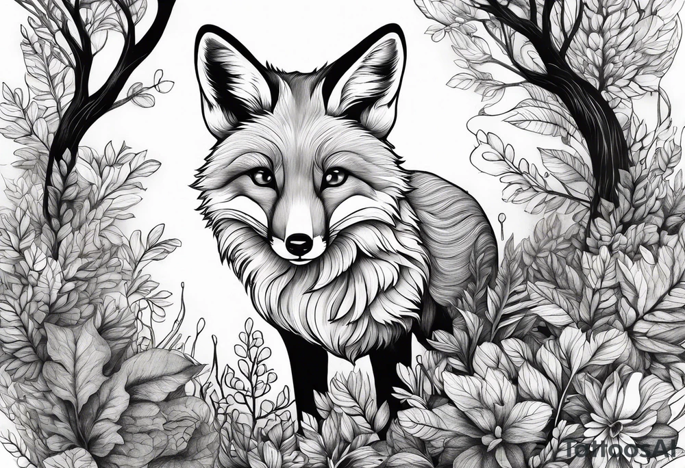 A playful fox with a bushy tail, set in a lush forest, illustrating cleverness and adaptability.” tattoo idea