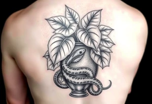 Large Decorative ornamental
 vase with large philodendron leaves with a snake wrapped around showing the head of the  snake in color tattoo idea