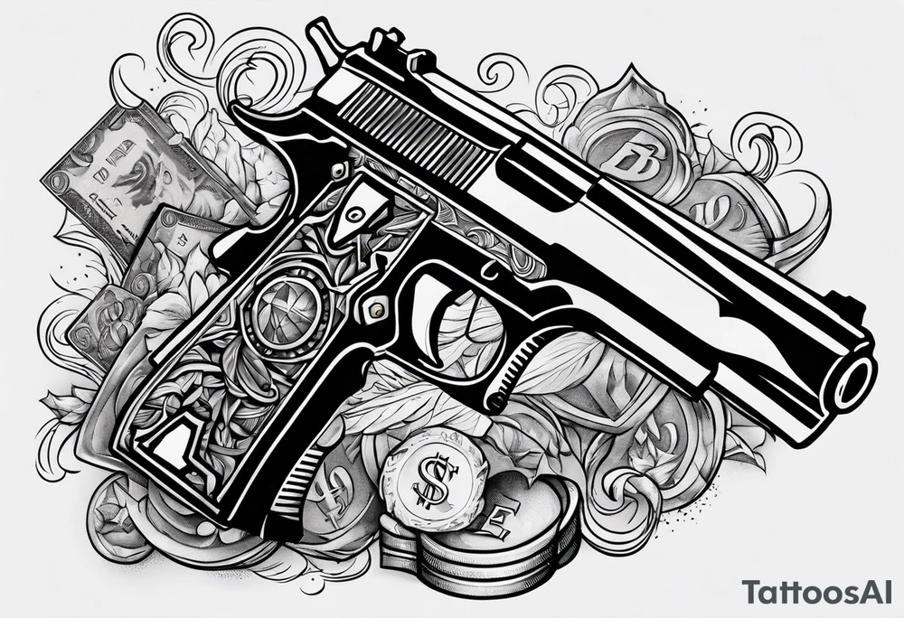 letters savage with money an gun smoke tattoo idea