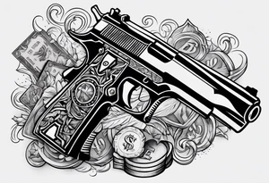letters savage with money an gun smoke tattoo idea