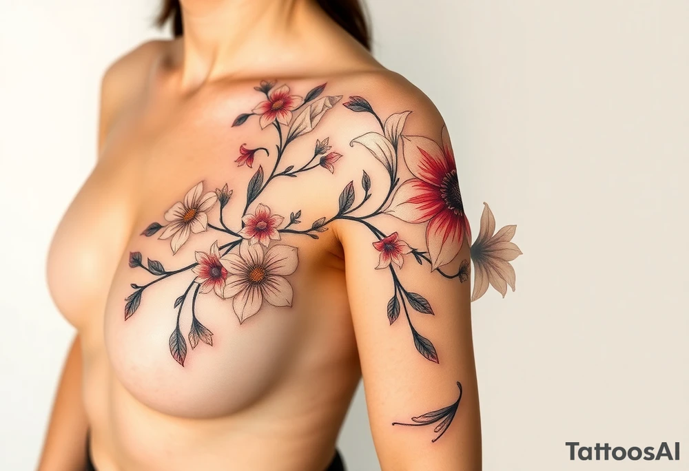 This is a tattoo of a string of flowers in bloom and is on a woman. It starts on her left side of the chest on the pectoral with a Glaiolus and Daisy pushed together. The tattoo rises over the left shoulder and down the arm and ends at the elbow. The tattoo will feature a primroses, Calla Lilys, and Lillys. They can have multiple flowers but 1 of each will pop with shading and be colored in. tattoo idea