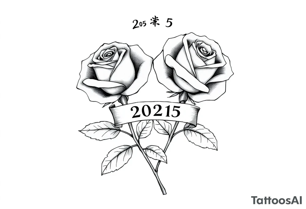 two beautiful large rose buds, one larger than the other, with many leaves next to the rose buds, with one sitting higher than the other. Include a banner connecting the two roses with "2025" on it.  The word "Rose" written in Kanji above the drawing.  Use dark outlines with little shading. The two stems should be short, not long, and connect and join into one stem, whimsically curved or twisted - not straight down. tattoo idea