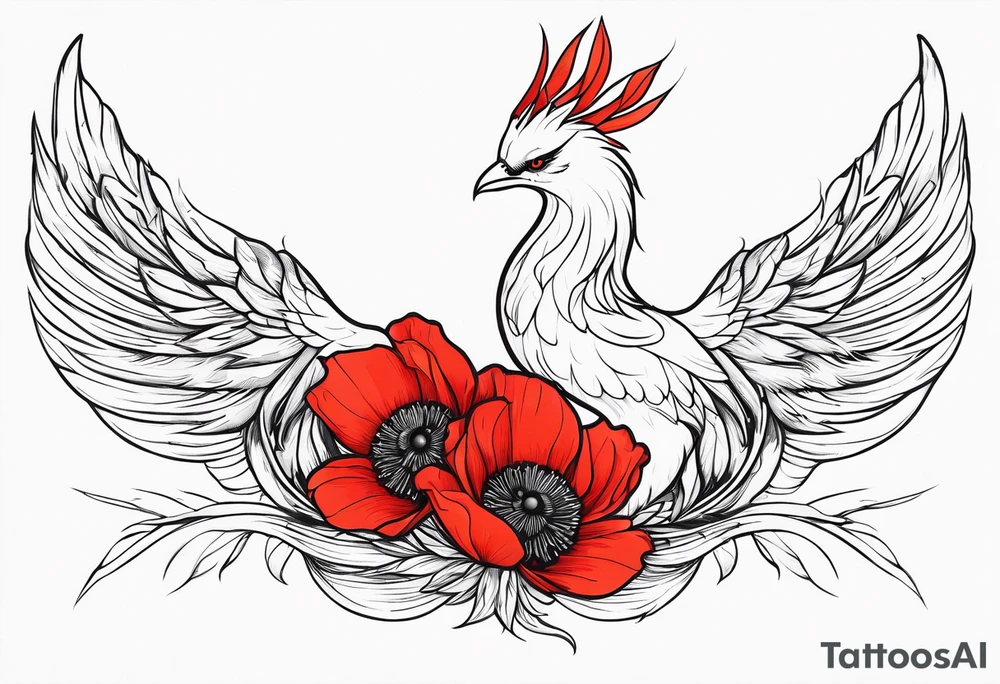 elongated pheonix holding red poppies in claw tattoo idea