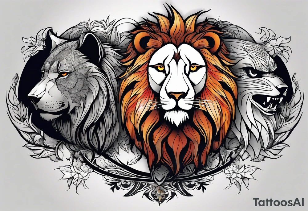 A lion, a Wolf and an owl in black, the background in color. tattoo idea