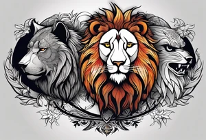 A lion, a Wolf and an owl in black, the background in color. tattoo idea