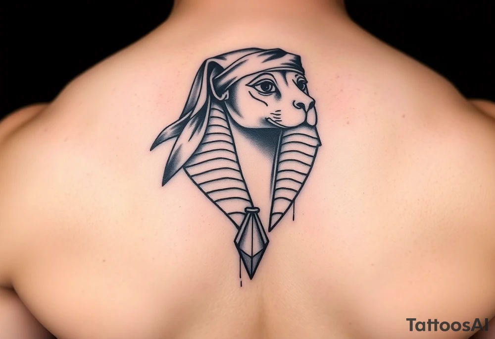 "Sphinx wearing a bandana, teardrop tattoo under its eye. 

Style: Prison tattoo meets hieroglyph carving. Black ink, chest piece." tattoo idea