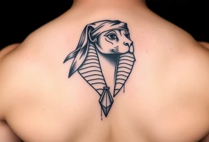 "Sphinx wearing a bandana, teardrop tattoo under its eye. 

Style: Prison tattoo meets hieroglyph carving. Black ink, chest piece." tattoo idea