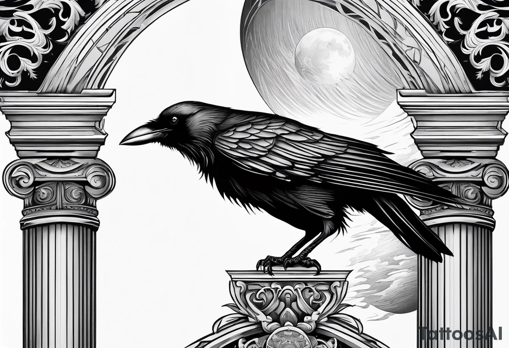 Gothic crow on a Corinthian capital with moon in the background tattoo idea