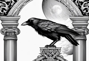 Gothic crow on a Corinthian capital with moon in the background tattoo idea