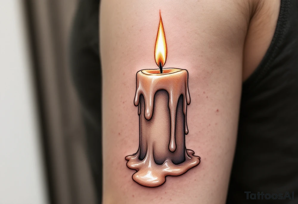 A 3D burning candle with melting wax, dripping down the skin in soft ivory and golden light, symbolizing love’s eternal flame. tattoo idea