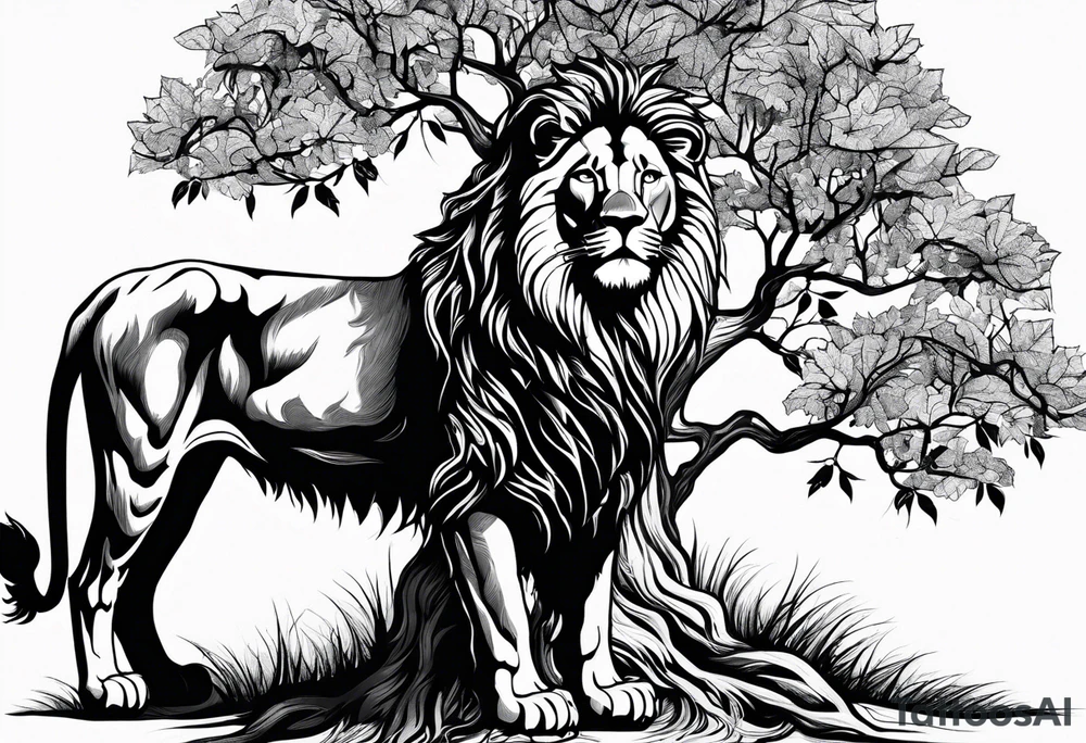 The lion of Judah, which is Jesus Christ, is tied and intertwined within a maple tree. tattoo idea