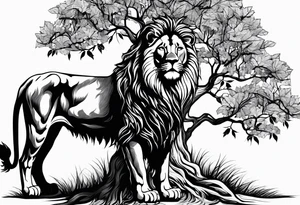 The lion of Judah, which is Jesus Christ, is tied and intertwined within a maple tree. tattoo idea