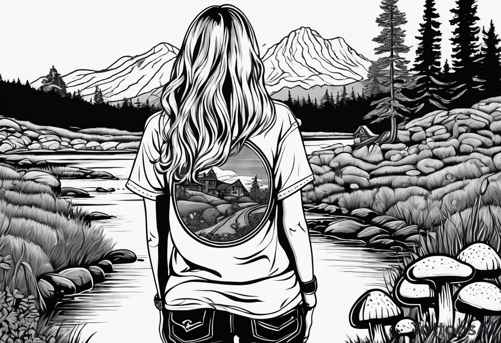 Whole picture within a circle Straight long blonde hair hippie girl in distance holding mushrooms in hand facing away toward mountains and creek surrounded by mushrooms tee shirt hiking pants hiking boots tattoo idea