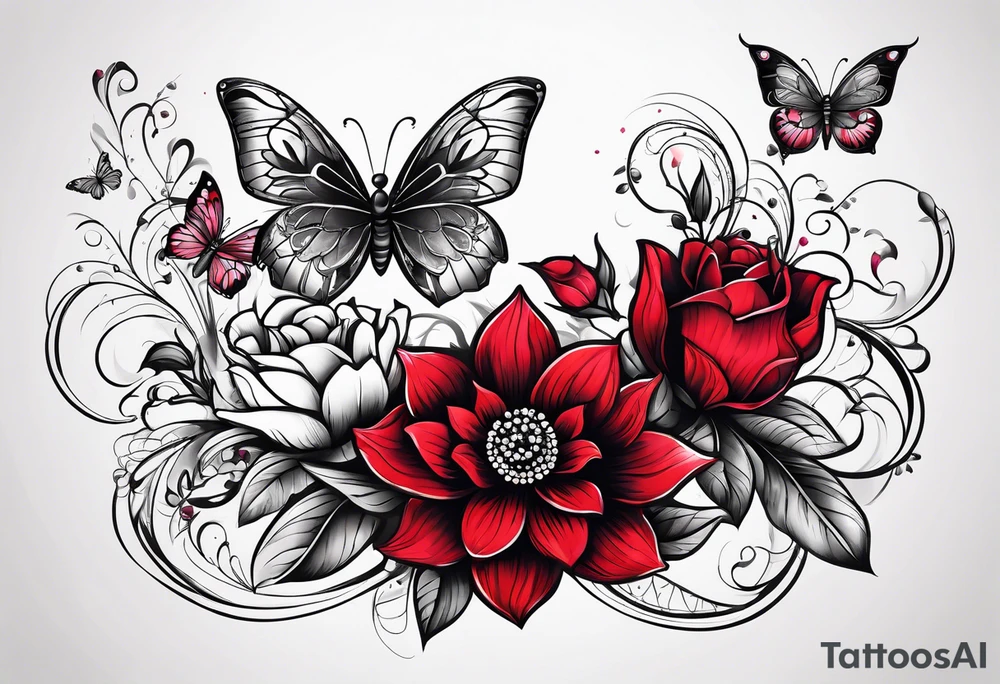 Flowers with "Ruby" in calligraphy font and butterflies around it tattoo idea