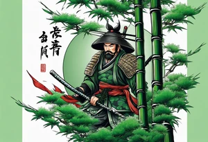 Irezumi style ronin in bamboo grove in front of green scale background tattoo idea