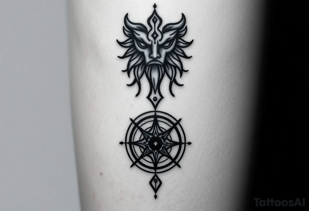 This tattoo is an ancient mark of power, as if carved not with ink, but with blood and time. Its vertical composition resembles a ritual totem that connects the three levels of existence: spirit, body, and path.

At the center lies a sacred runic symbol — a seal of inner strength and protection. It serves as a key to hidden knowledge and a talisman for one who walks their own path without looking back.
The broken lines and scarred ink appear as if the symbol was drawn in a trance, during an ancient ritual.

The upper part resembles the face of a forgotten god or a guardian spirit watching from above. The lower part is a runic compass of fate, guiding through chaos, darkness, and trials.
Every stroke is a spell. Every symbol is an oath.

This tattoo is not for everyone.
It is for those who embrace the shadow, are unafraid of the darkness, and know that true power is born within. tattoo idea