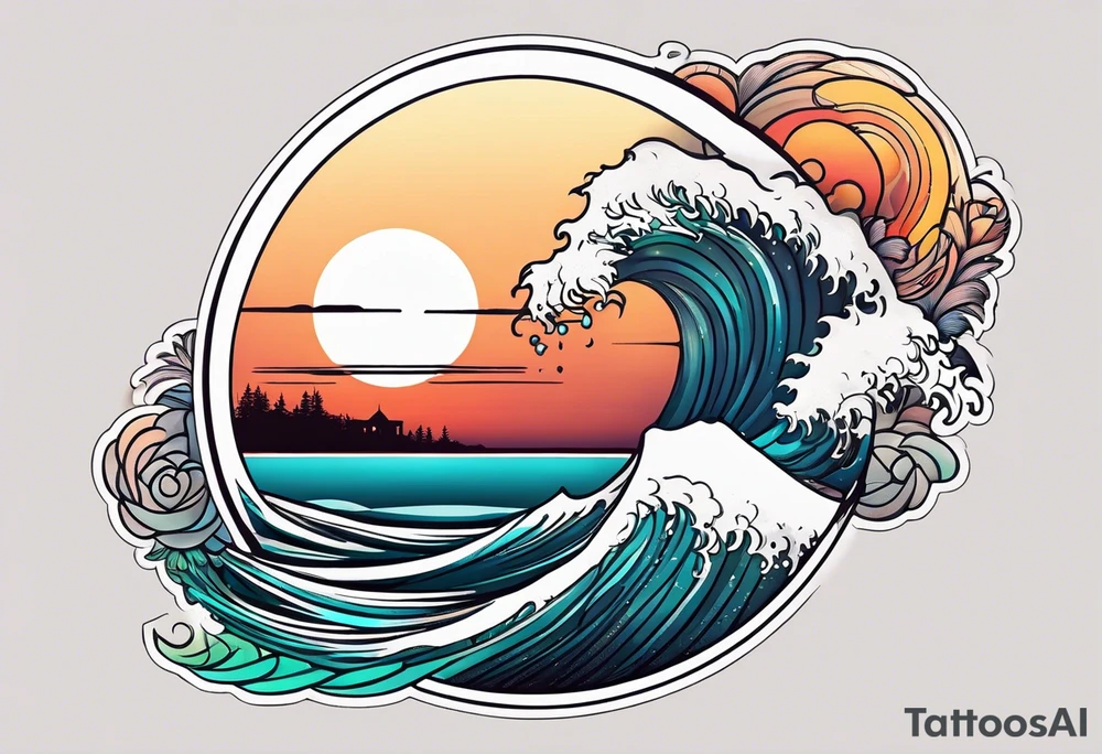Round tattoo, inside sunset and ocean drawing with retro look tattoo idea