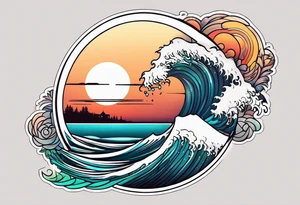 Round tattoo, inside sunset and ocean drawing with retro look tattoo idea