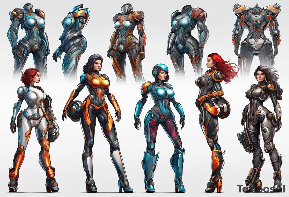 female cyborg full body torso arms, retro futuristic, travel and movies no tattoos tattoo idea