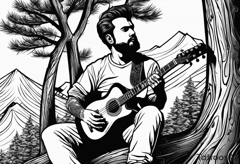 man playing electric guitar while sitting in a pine tree. simple tattoo idea
