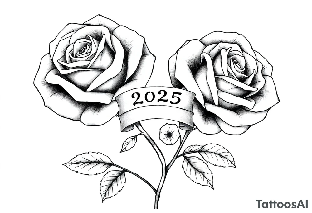 two big beautiful roses with leaves and with their stems intertwined, with a small banner with the year "2025" on it, tying them together.  Add the following words written in Kanji above the drawing "薔薇" tattoo idea