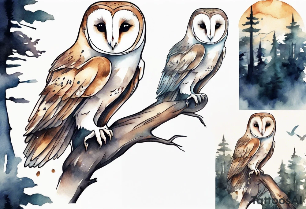 a tall barn owl with extremely long legs walking on a forest path at night tattoo idea