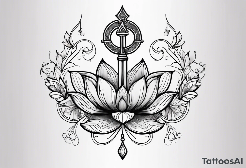 Treble key with lotus flower entangled in a scale of justice tattoo idea