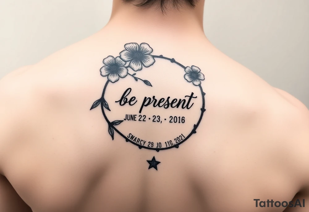 Enso ring with flowers and a stem with writing in cursive that says be present. Incorporate the dates June 2, 2013, March 2, 2016, and January 20, 2021. Also include three stars.


Make the Enso ring prominent tattoo idea