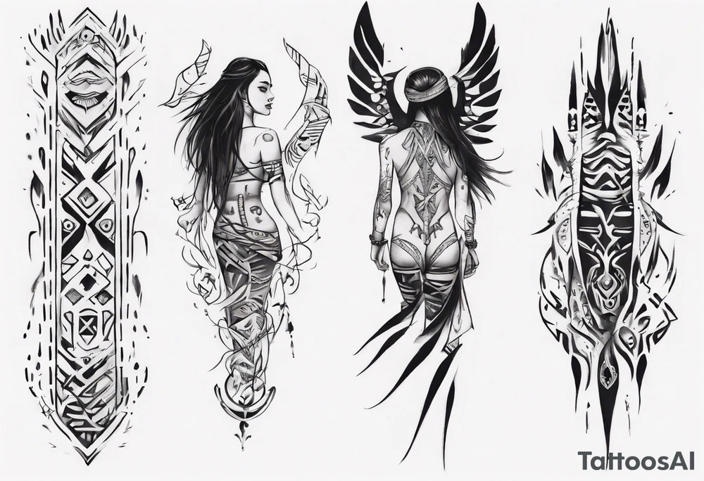 a neotribal spine tattoo that includes a woman floating tattoo idea