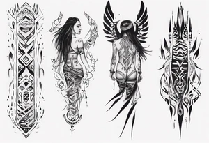 a neotribal spine tattoo that includes a woman floating tattoo idea