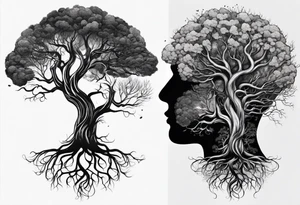 a small tree with its roots morphing into the shape of a brain tattoo idea