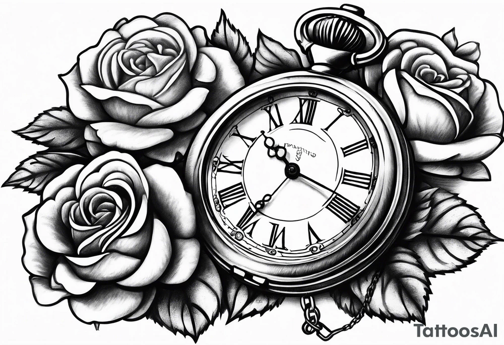 Pocket watch with chain and roses tattoo idea