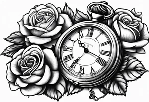Pocket watch with chain and roses tattoo idea