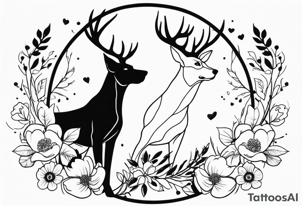 Hunting dog an deer next to each other, circle around the tattoo with flowers tattoo idea