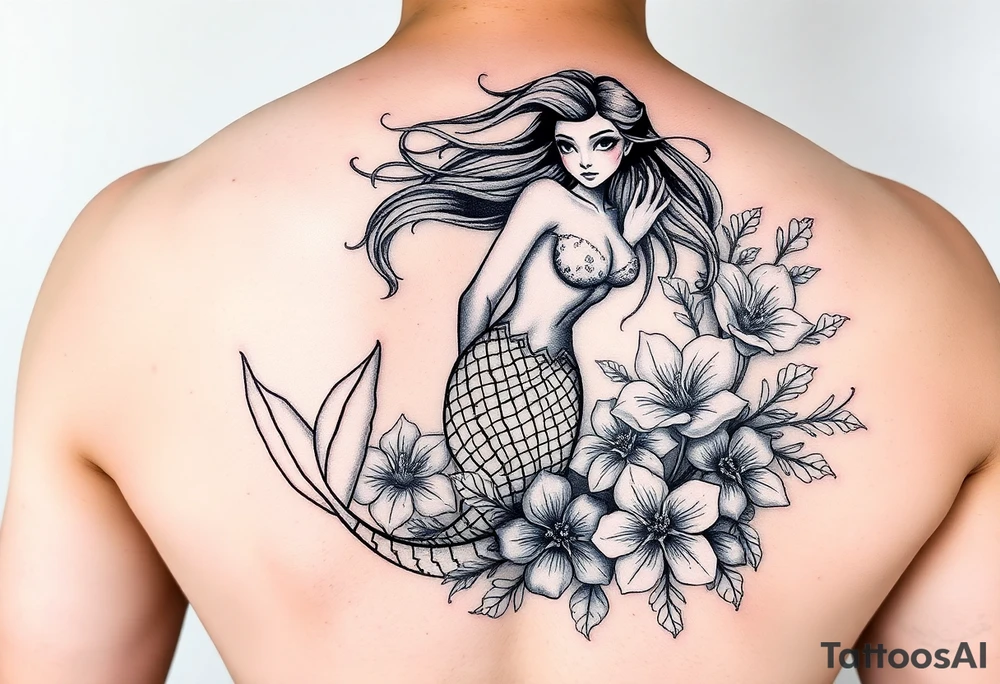ethereal mermaid with flowing hair among coral and sea flowers tattoo idea