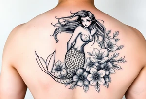 ethereal mermaid with flowing hair among coral and sea flowers tattoo idea