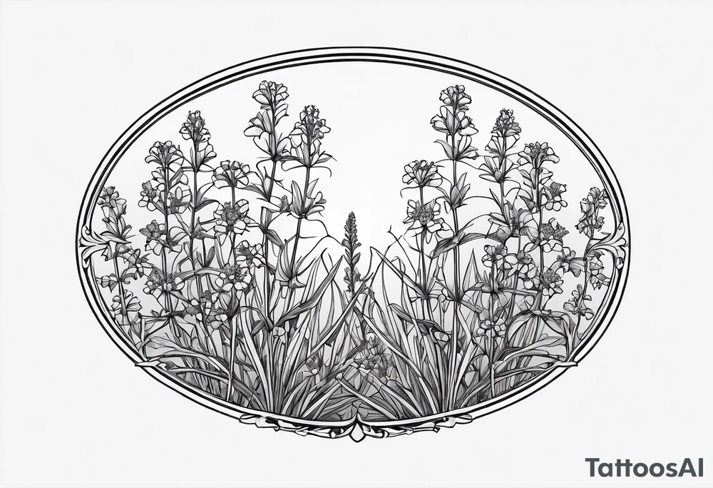 Generate a picture of Vervain (Verbena) flowers forming an oval shape with small leaves around them. tattoo idea