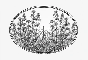 Generate a picture of Vervain (Verbena) flowers forming an oval shape with small leaves around them. tattoo idea