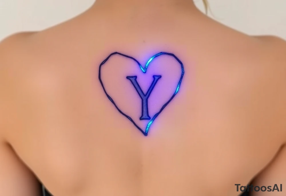 A shattered glass heart with the letter "Y" glowing in neon blue, symbolizing love’s fragility and strength. tattoo idea