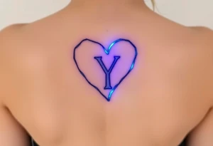 A shattered glass heart with the letter "Y" glowing in neon blue, symbolizing love’s fragility and strength. tattoo idea