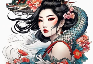 Japanese motives tattoo including geisha dragon coy fish looking like a scenery tattoo idea