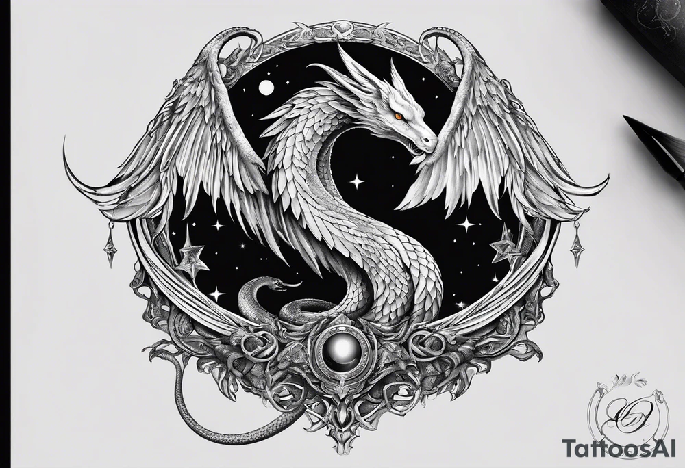 Lucifer (half angel and half snake) wraps the moon tattoo idea