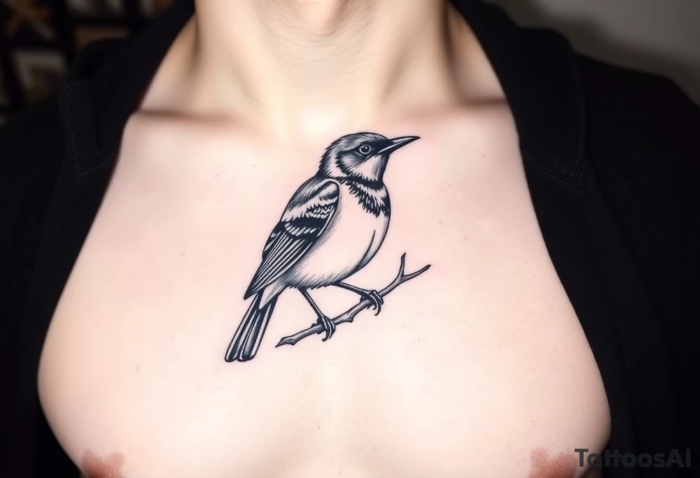 european blackbird male sitting on a branch tattoo idea