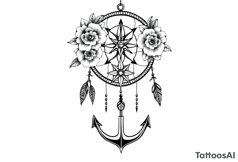 Boho dream catcher with compass and anchor Beautiful flowers and an ornamental chandelier like look tattoo idea