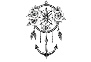 Boho dream catcher with compass and anchor Beautiful flowers and an ornamental chandelier like look tattoo idea
