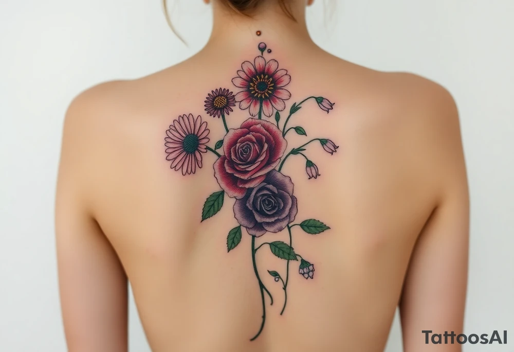 Small Bouquet of flowers starting upper middle back with long stems down spine with a aster, carnation, rose, Lily of the valley, larkspur with stems Starting upper middle back to right shoulder tattoo idea