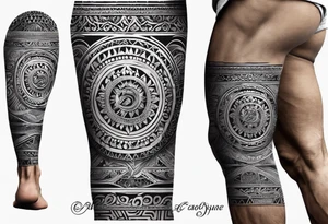 Hindu Sanskrit tribal design on right lower leg, below knee to top of feet for men. No too dark and more thicker lines tattoo idea