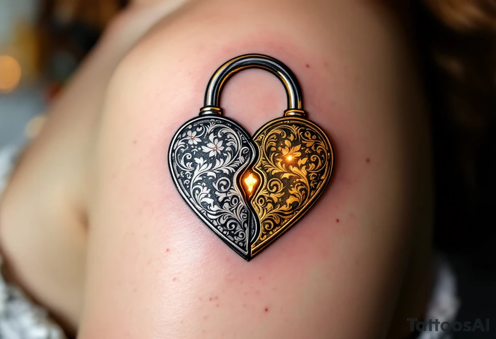 Two Halves of a Heart-Shaped Lock and Key – One half features a silver heart-shaped lock with floral engravings, the other a golden antique key glowing subtly with warmth. tattoo idea