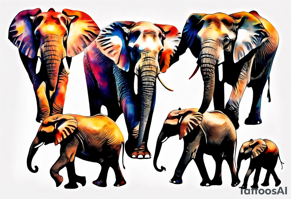 family of 6 elephants walking into sunset tattoo idea