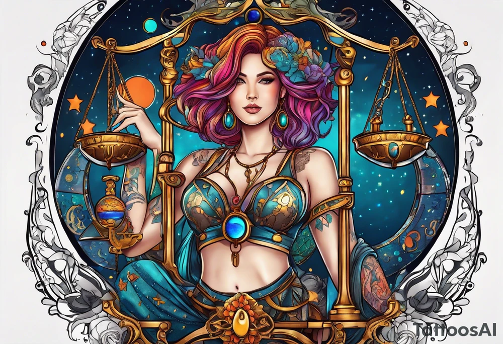 Libra woman holding scales with a night zodiac background including a half moon that encircles half of the woman with vibrant colors tattoo idea
